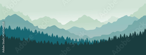 Mountains panorama. Forest mountain range landscape, blue mountains n twilight, camping nature landscape silhouette vector illustration. Forest range landscape, panorama silhouette hill photo