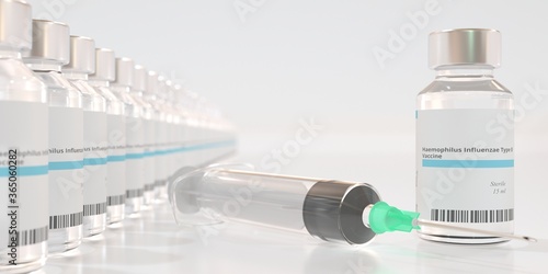 Vials with haemophilus influenzae type B vaccine and syringe. 3D rendering photo