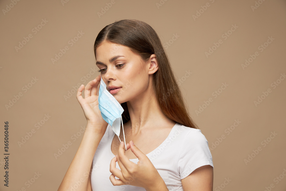 Girl stylish clothes in a face mask health Girl stylish clothes in a face mask health