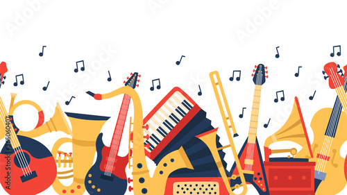 Musical instruments banner. Music guitar, violin and vintage accordion, jazz acoustics music instruments vector illustration. Music classical banner, sound musical