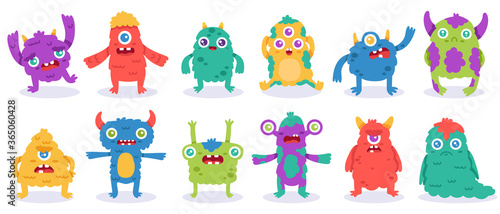 Cartoon monster characters. Halloween funny monsters, cute fluffy alien mascots, silly gremlin monsters, spooky creatures vector illustration set. Spooky monster smile, character halloween scary