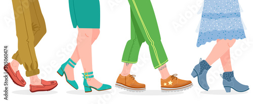 Walking boots. People walking in modern shoes, man and woman feet in stylish footwear vector illustration. Footwear people walking, modern fashion casual