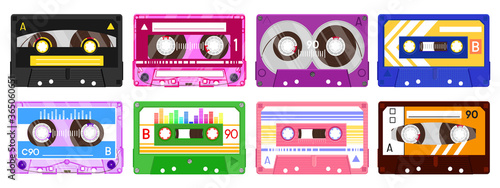 Audio record tapes. Retro 90s music cassette, vintage music mix audio cassette, 80s audio tape isolated vector illustration icon set. Music cassette tape, technology 80s record