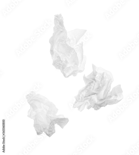 Used crumpled paper tissues isolated on white, top view
