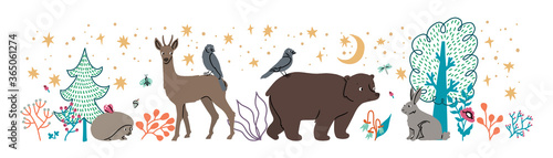 Life in the forest: woods, animals, vector hand drawn illustration. Wild animals drawing in Scandinavian style. Multicolor leaves and trees. Vector illustration isolated on white background.