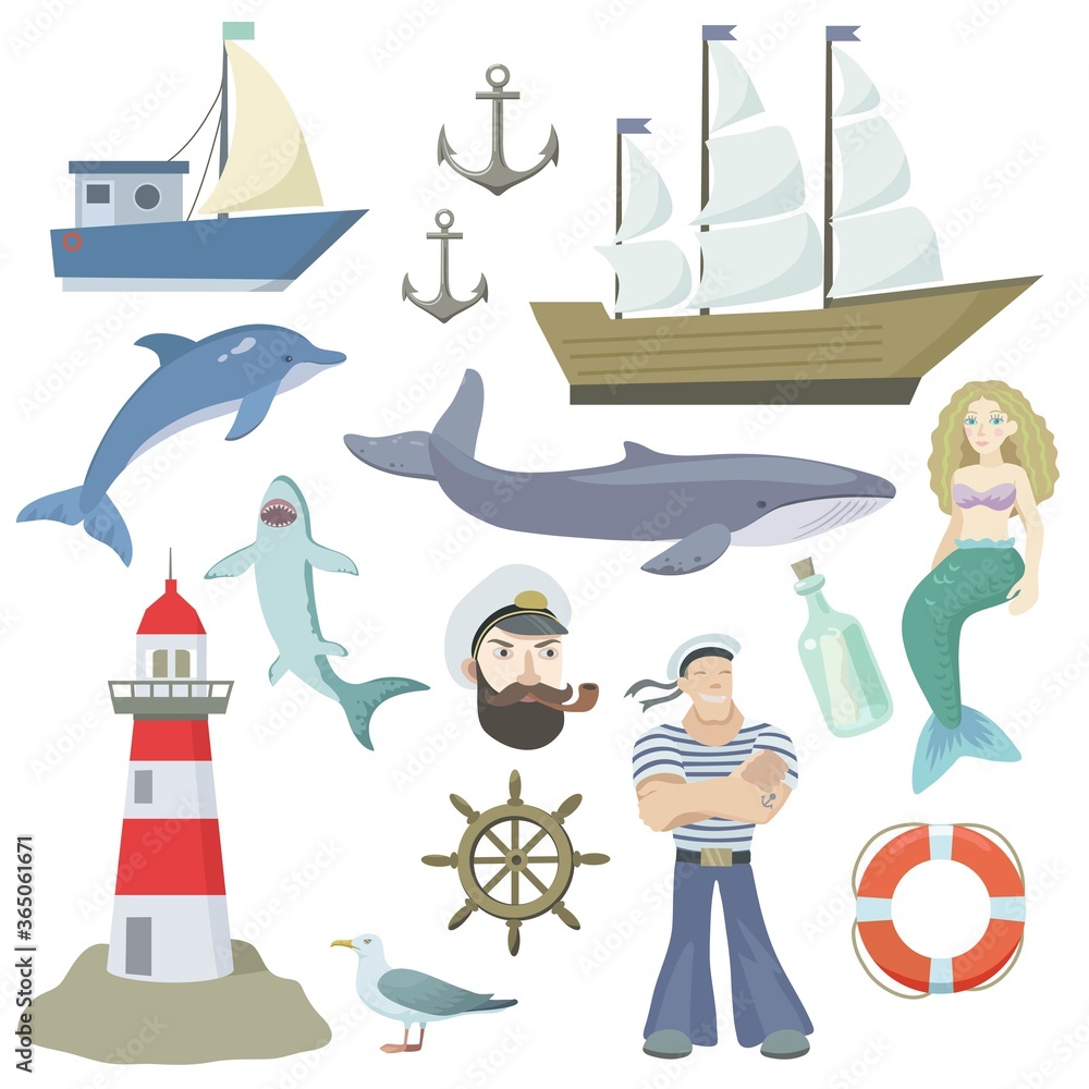 Fototapeta Big set of sea elements, isolated on white background. Ships, lighthouse, whale, anchor, sailor, mermaid.