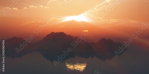 above islands in sea sunset, illustration