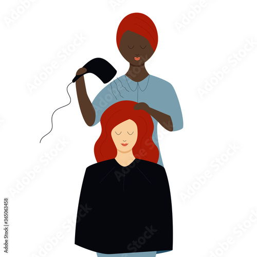 Women of racial diversity. Woman has hair cut by black hairdresser vector illustration