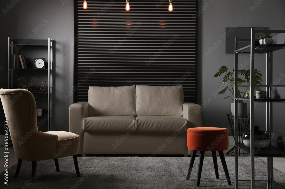 Stylish living room interior with elegant leather sofa Stylish living room interior with elegant leather sofa