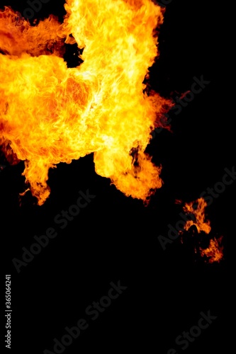 Dangerous orange yellow flashing fire flames on black background. Burning hot flame with energy in motion. Industry power and heat from pellet oil gas fuel or wood. Danger through ignition explosion © azur13