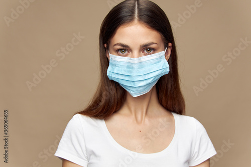Lady fashion clothes in a face mask allergy pollution 