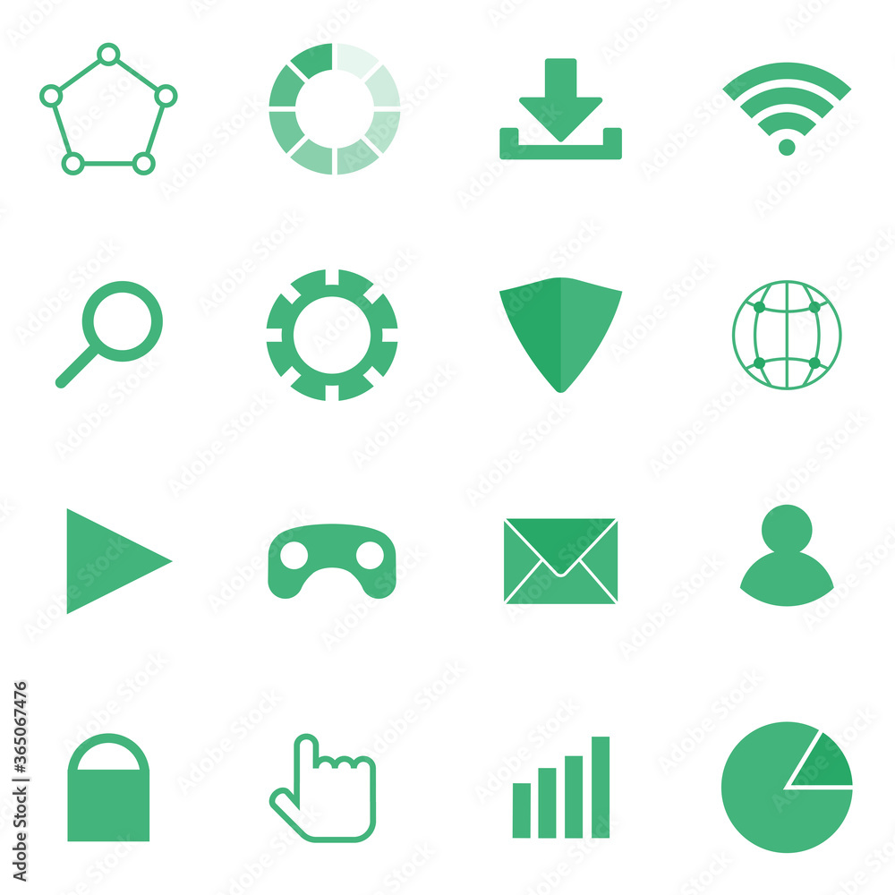 Iconos. Conjunto de vectores, compartir, cargar, descargar, conexión a internet, búsqueda, ajustes, seguridad, red, video, videojuegos, mensaje, contacto o usuario, bloqueo, seleccionar, barras verde Iconos. Conjunto de vectores, compartir, cargar, descargar, conexión a internet, búsqueda, ajustes, seguridad, red, video, videojuegos, mensaje, contacto o usuario, bloqueo, seleccionar, barras verde