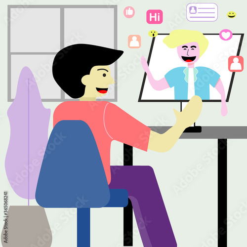 Modern communication, Friend greeting on computer, people wave their hands on the monitor, Flat vector illustration.