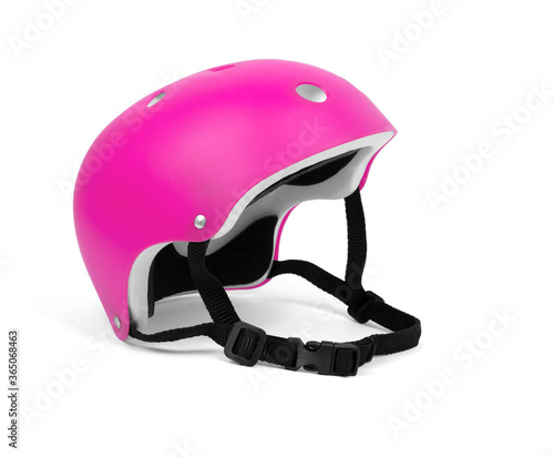 Pink bicycle helmet on white background