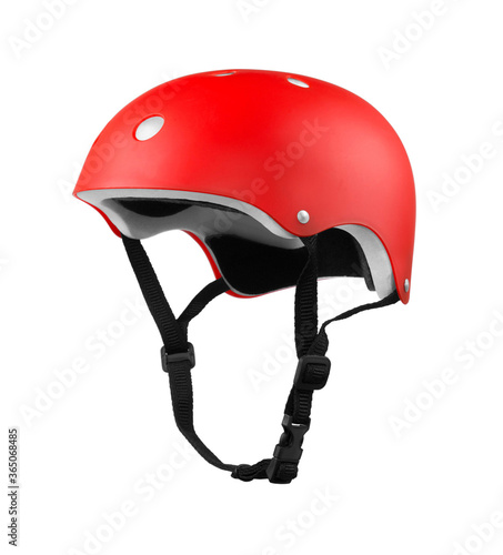 Red bicycle helmet on white background photo