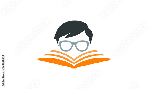 Geek read a book logo design, a student wearing glasses, learning character vector illustration on white background