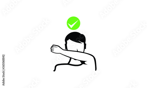 Cough covering with the arm. line icon. The man sneezes or coughs with his out of hand outline style. use the elbow to not spread the virus. protection concept symbol illustration on a white backgroun
