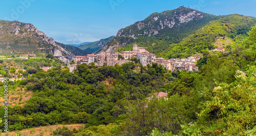 A panorama view towards the village of Papigno towards the Roman waterfalls at Marmore, Umbria, Italy in summer