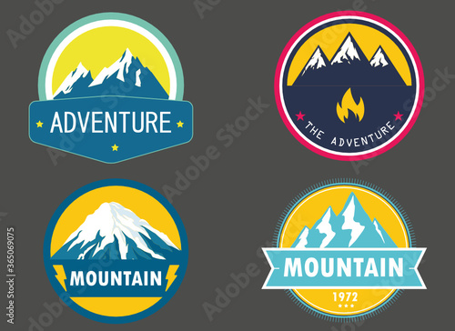 Set Nature badges, Camping outdoor adventure emblems, badges and mountain tourism
