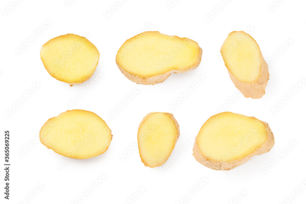 sliced ginger roots isolated on white background. Top view sliced ginger roots isolated on white background. Top view