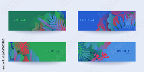 Tropical theme banners set. Colorful compositions of palm leaves and halftone patterns. Geometric design templates with place for text. Social media promotion. Flat style vector illustration