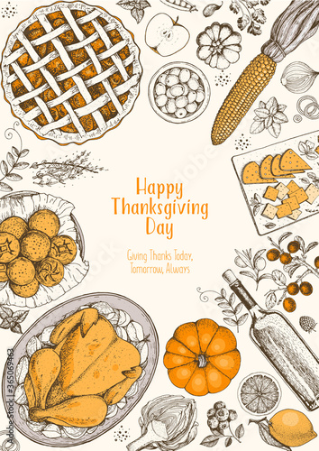 Thanksgiving day top view vector illustration. Food hand drawn sketch. Festive dinner with turkey and potato, apple pie, vegetables, fruits and berries. Autumn food sketch. Engraved image.