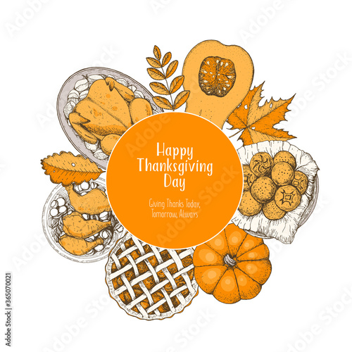 Thanksgiving day top view vector illustration. Food label hand drawn sketch. Festive dinner with turkey and potato. Autumn food sketch. Engraved image.
