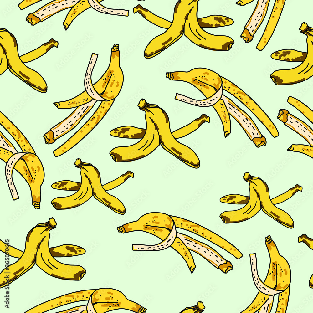 Banana peels seamless pattern, hand draw vector illustration, yellow fruit skin on green background