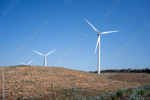 Wind turbines on a renewable energy wind farm eco field. Green ecological power energy sustainable generation. Eolic energy park