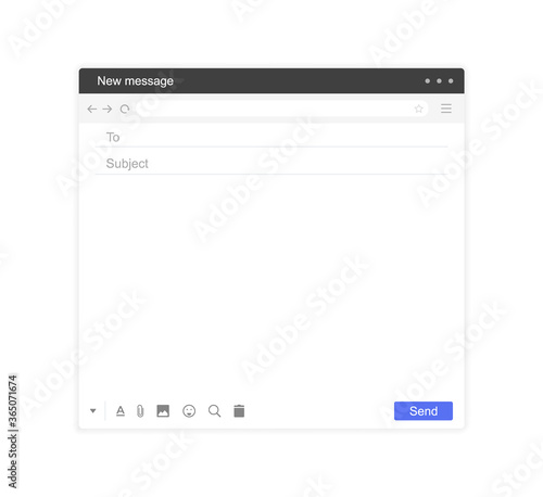 Email interface. Mail window template, internet message isolated frame, blank email. Modern flat style vector illustration