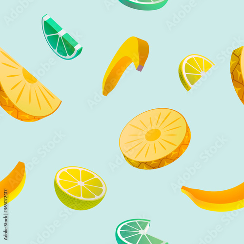 Fruit seamless pattern.  Sliced banana pineapple  and citrus. 