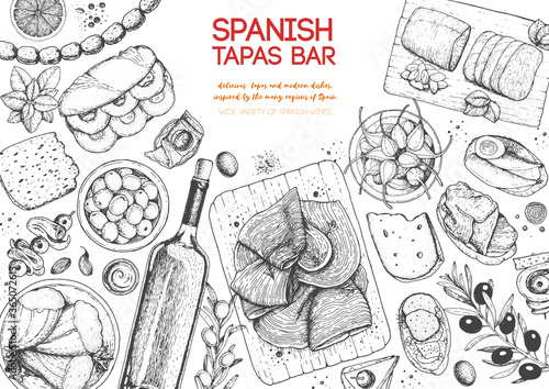 Spanish cuisine top view frame. A set of spanish dishes with hamon, tapas, bocadillo, mojama, sausages, snack . Food menu design template. Vintage hand drawn sketch vector illustration. Engraved image