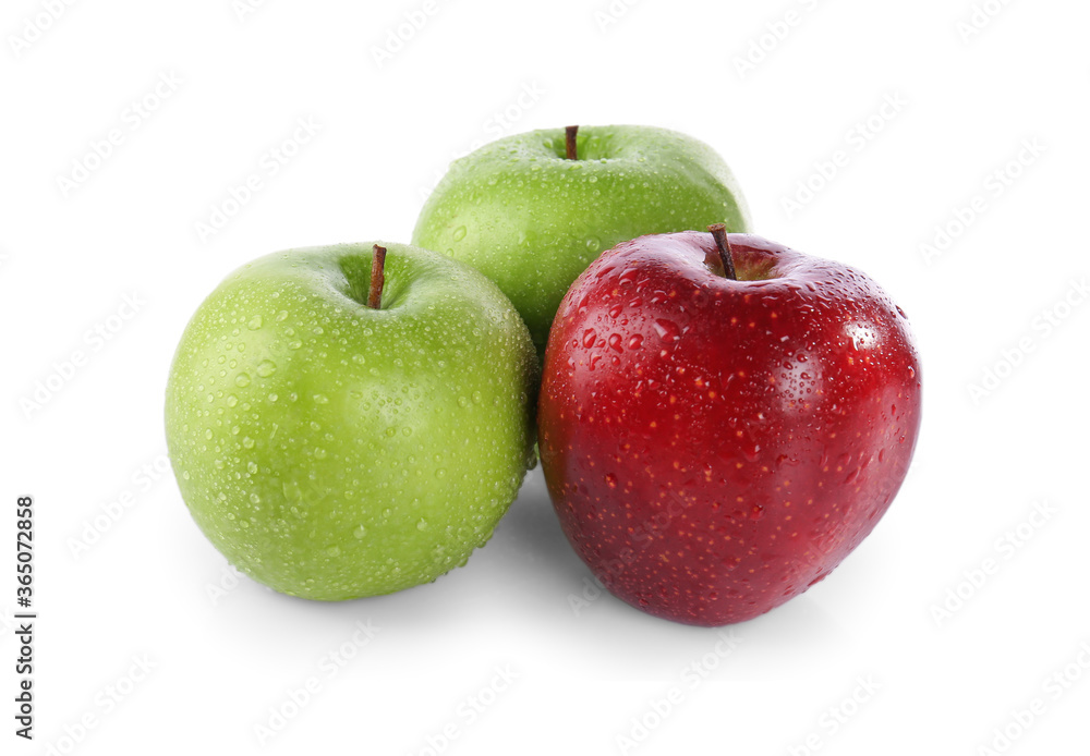 Fresh juicy green and red apples with water drops isolated on white