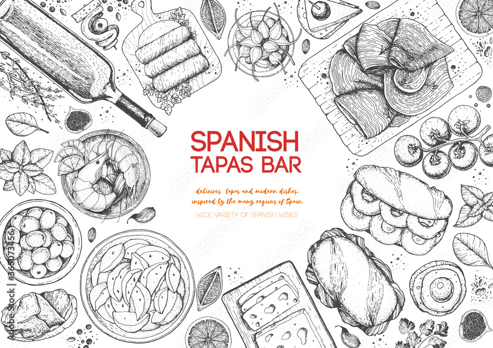 Spanish tapas, top view frame. A set of spanish dishes with bocadillo