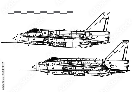 English Electric Lightning F.Mk 6, Mk 53. Vector drawing of supersonic multirole fighter. Side view. Image for illustration and infographics. photo