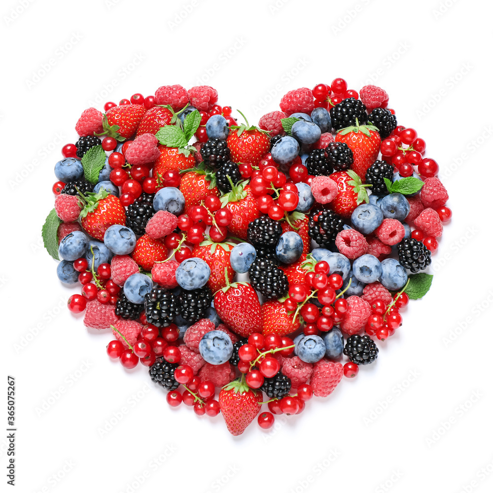 Heart shape of fresh berries on white background, top view Heart shape of fresh berries on white background, top view