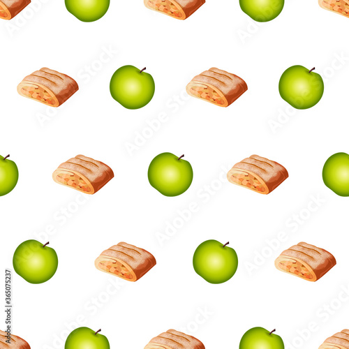 Beautiful Seamless Pattern With Many Whole Apples, Strudels On Grey Background. Abstract Calm Colors. Modern Design For Background. Cute Green Sweet Tasty Pies. Cartoon Flat Style Vector Illustration
