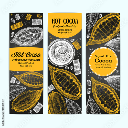 Banner set for cocoa shop. Vertical banner collection with cocoa products. Vintage vector illustration