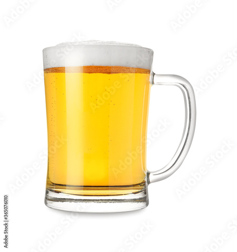 Glass mug with tasty beer isolated on white