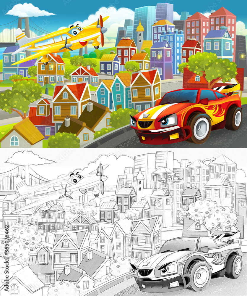 cartoon scene in the city flying plane and car illustration