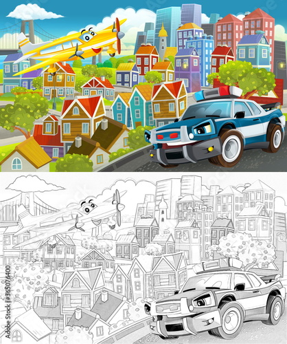 cartoon scene in the city flying plane and car illustration