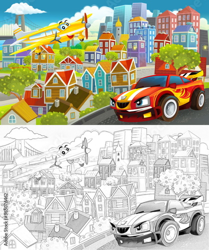 cartoon scene in the city flying plane and car illustration © honeyflavour