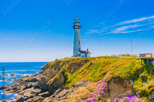 Pigeon Point Lighthouse, Landmark of Pacific Coast Highway (Highway 1) at Big Sur, surrounded with colorful wildflowers in spring time, California photo