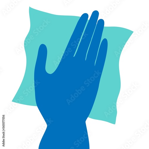 Hand in blue glove cleaning with green rag. Doing chores cleaning. Housekeeping service. Vector illustration flat design. Concept of disinfection. Prevention coronavirus