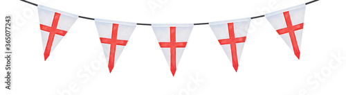 Water color drawing of festive bunting with triangular flag of England with St. George's Cross. Hand painted watercolour sketchy illustration on white, cut out clip art element for design and decor. photo