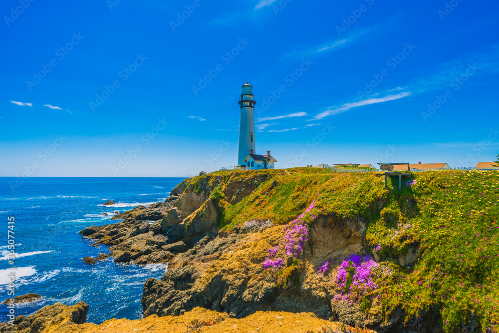 Pigeon Point Lighthouse, Landmark of Pacific Coast Highway (Highway 1) at Big Sur, surrounded with colorful wildflowers in spring time, California