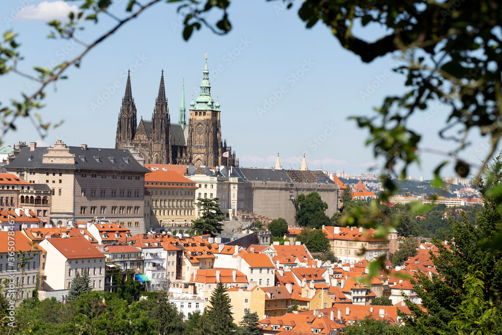Obraz premium Prague City with gothic Castle and the green Nature from the Hill Petrin, Czech Republic