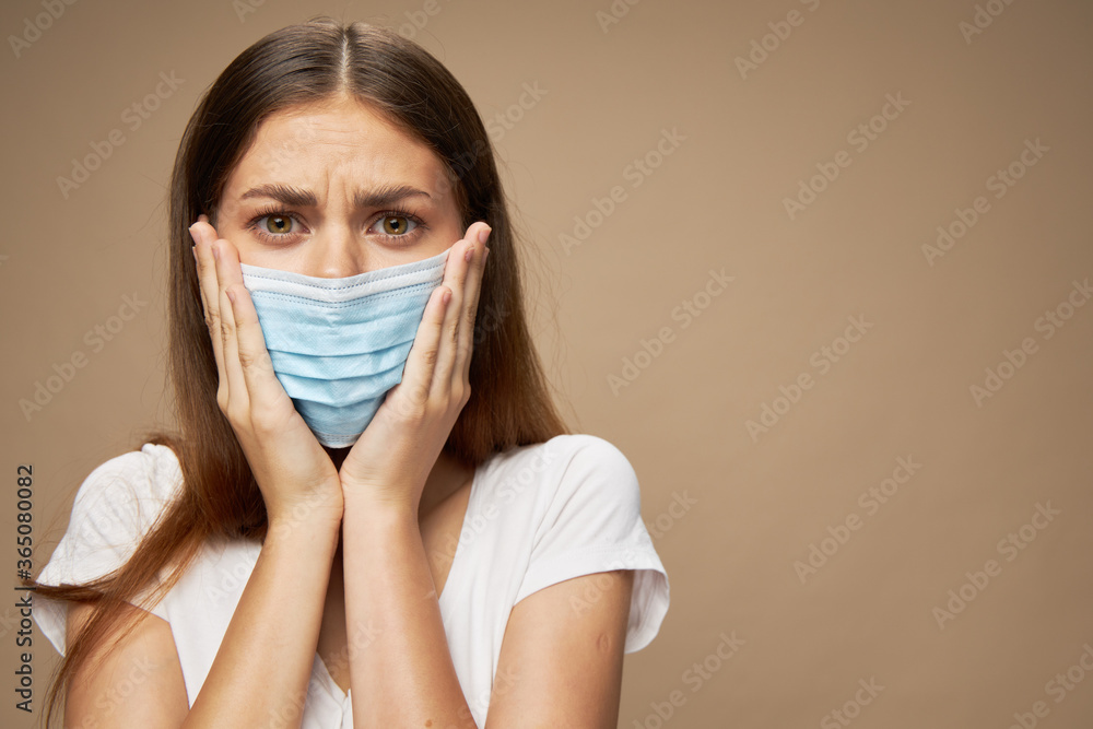 Beautiful girl fashion clothes in a face mask pandemic Beautiful girl fashion clothes in a face mask pandemic