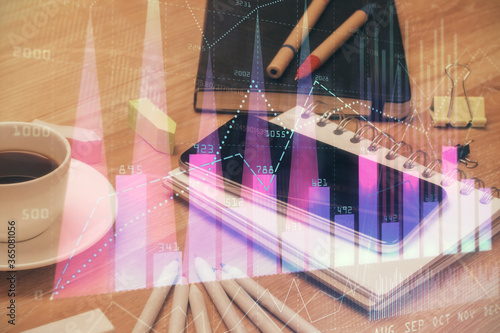 Double exposure of forex chart drawing and cell phone background. Concept of financial trading © peshkova