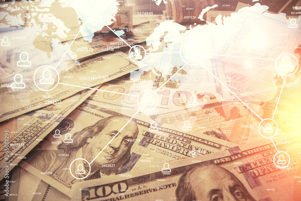 Multi exposure of social network drawing over us dollars bill background. Concept of people connection. Multi exposure of social network drawing over us dollars bill background. Concept of people connection.